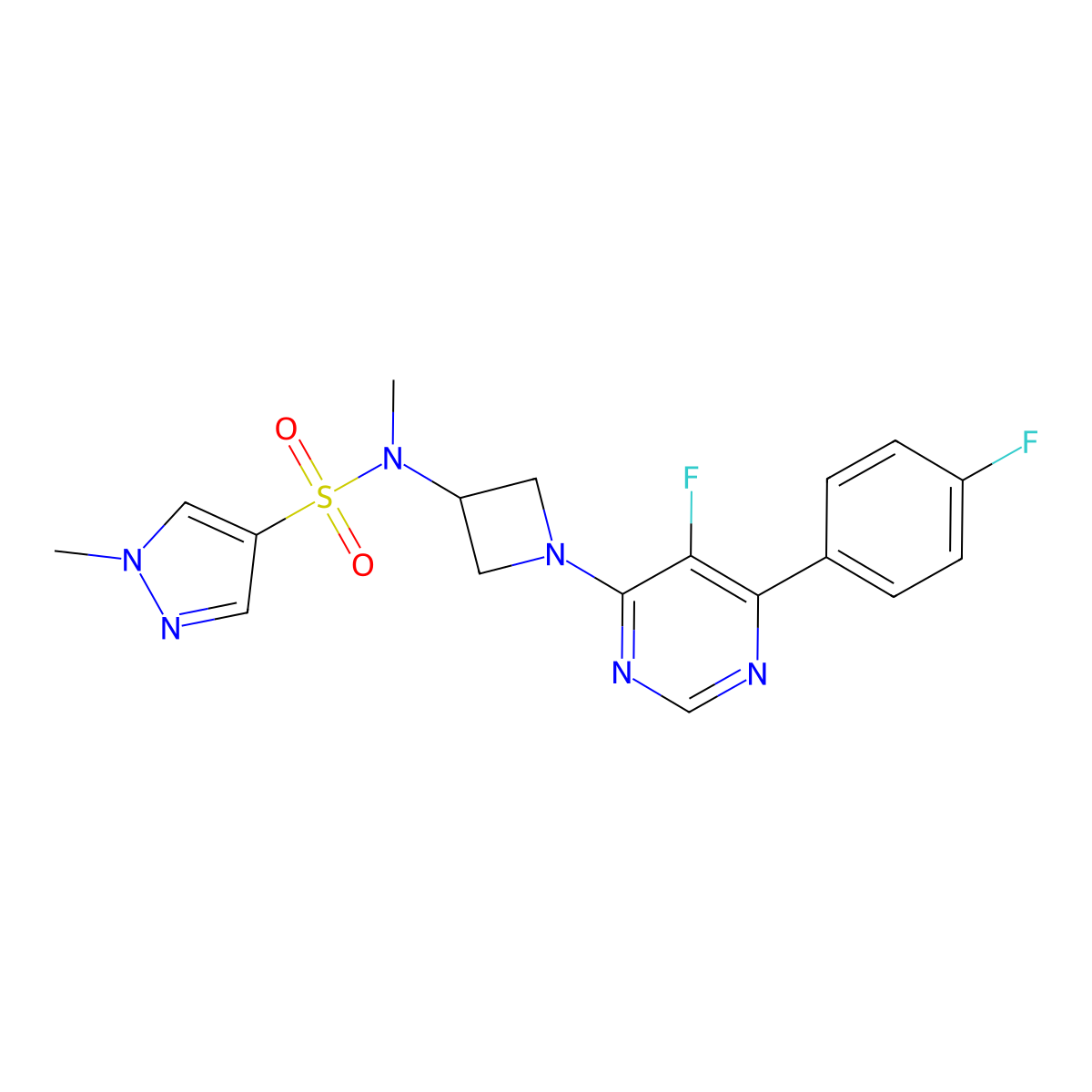 N-{1-[5-fluoro-6-(4-fluorophenyl)pyrimidin-4-yl]azetidin-3-yl}-N,1-dimethyl-1H-pyrazole-4-sulfonamide molecular structure, CAS 2380187-12-0