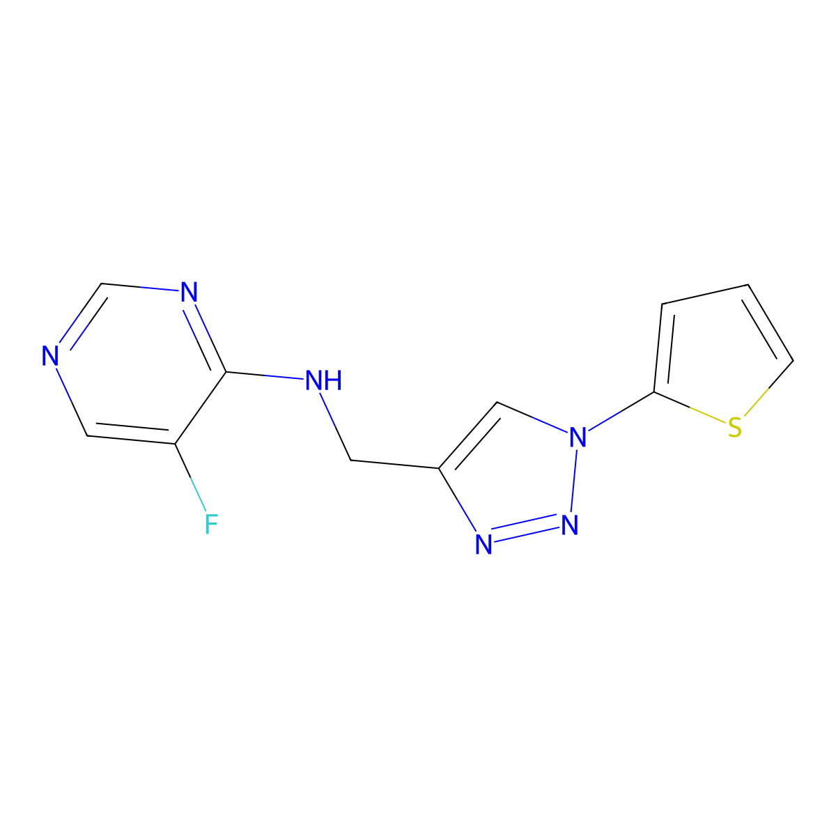 5-fluoro-N-{[1-(thiophen-2-yl)-1H-1,2,3-triazol-4-yl]methyl}pyrimidin-4-amine molecular structure, CAS 2380187-13-1