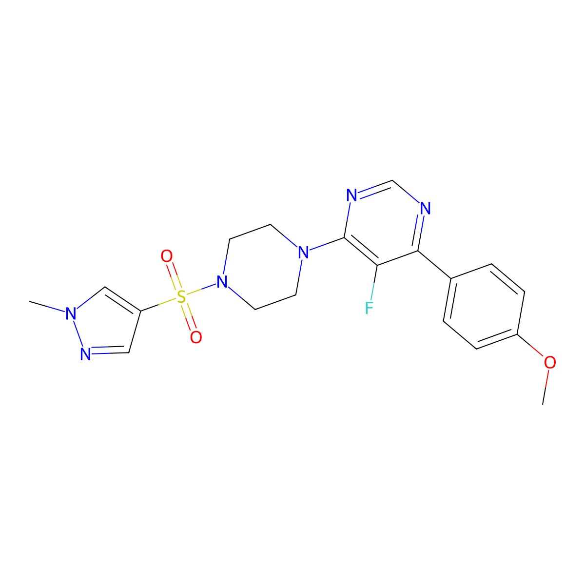 5-fluoro-4-(4-methoxyphenyl)-6-{4-[(1-methyl-1H-pyrazol-4-yl)sulfonyl]piperazin-1-yl}pyrimidine molecular structure, CAS 2380187-18-6