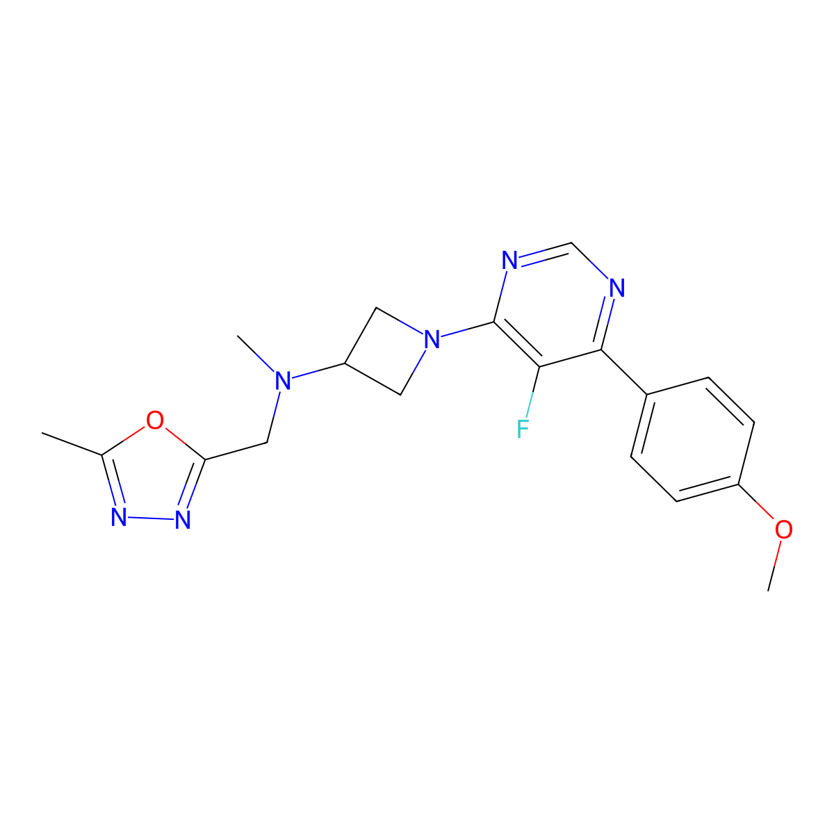 1-[5-Fluoro-6-(4-methoxyphenyl)pyrimidin-4-yl]-N-methyl-N-[(5-methyl-1,3,4-oxadiazol-2-yl)methyl]azetidin-3-amine molecular structure, CAS 2380187-26-6