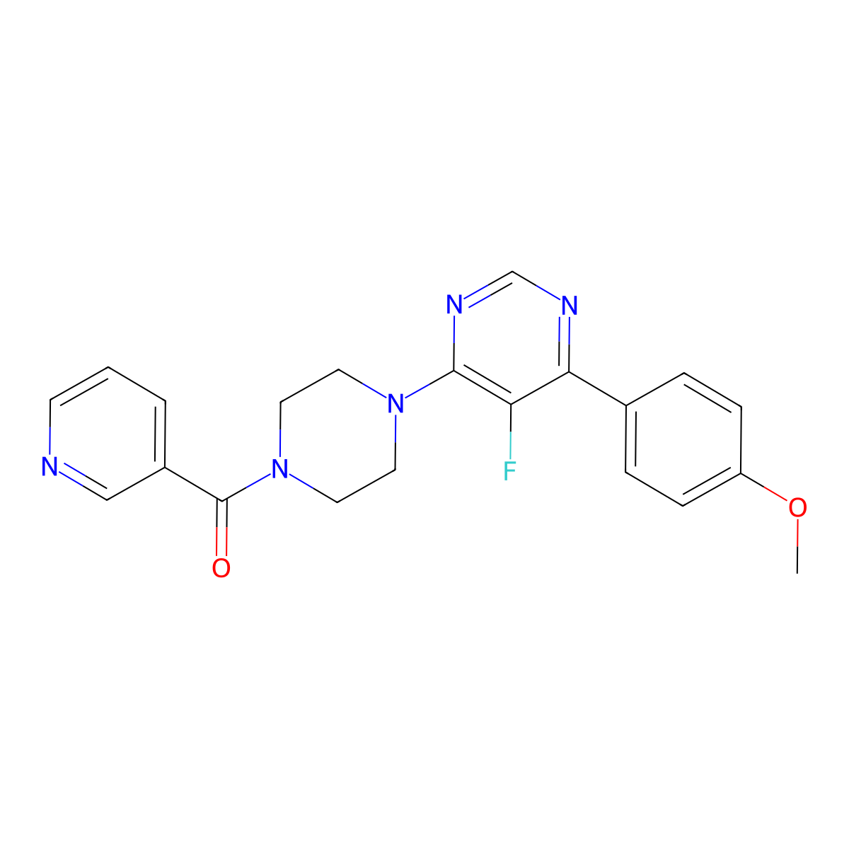 5-Fluoro-4-(4-methoxyphenyl)-6-[4-(pyridine-3-carbonyl)piperazin-1-yl]pyrimidine molecular structure, CAS 2380187-32-4