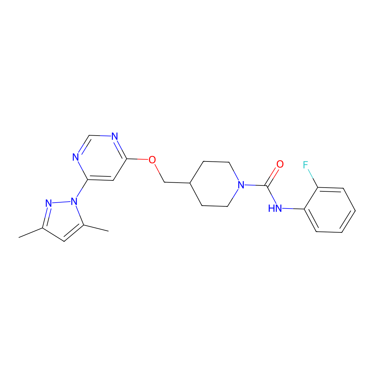 4-({[6-(3,5-dimethyl-1H-pyrazol-1-yl)pyrimidin-4-yl]oxy}methyl)-N-(2-fluorophenyl)piperidine-1-carboxamide molecular structure, CAS 2380187-57-3