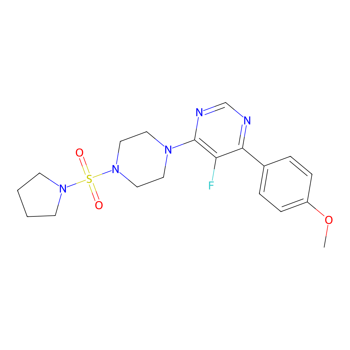 5-Fluoro-4-(4-methoxyphenyl)-6-[4-(pyrrolidine-1-sulfonyl)piperazin-1-yl]pyrimidine molecular structure, CAS 2380187-67-5