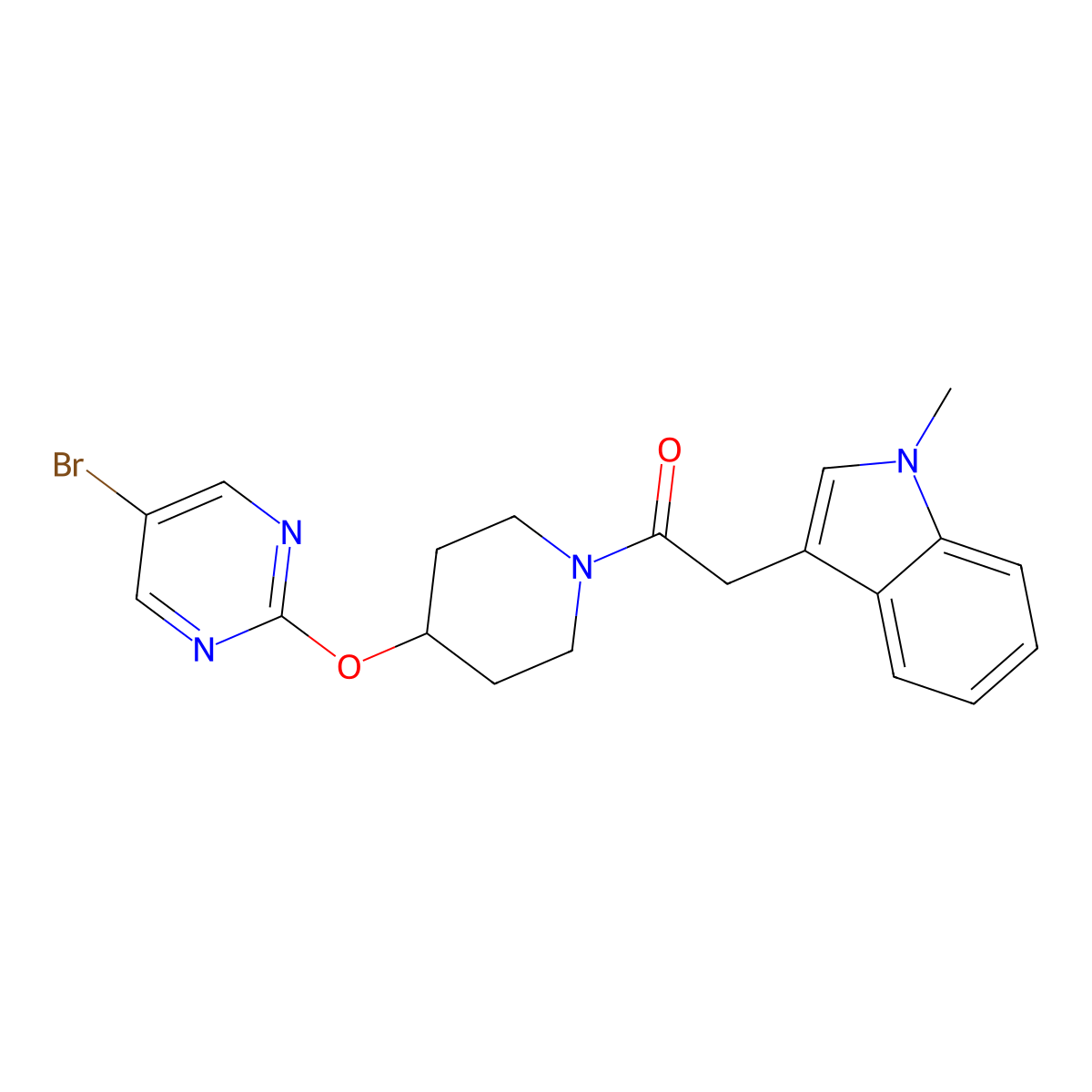 1-{4-[(5-bromopyrimidin-2-yl)oxy]piperidin-1-yl}-2-(1-methyl-1H-indol-3-yl)ethan-1-one molecular structure, CAS 2380187-73-3