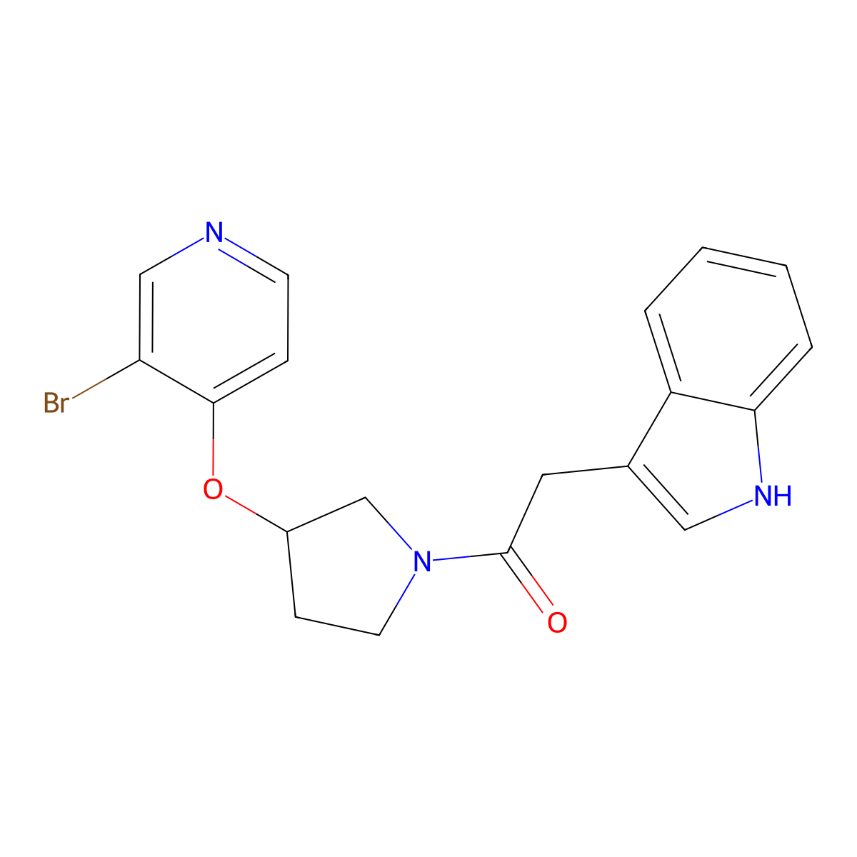 1-{3-[(3-bromopyridin-4-yl)oxy]pyrrolidin-1-yl}-2-(1H-indol-3-yl)ethan-1-one molecular structure, CAS 2380187-81-3