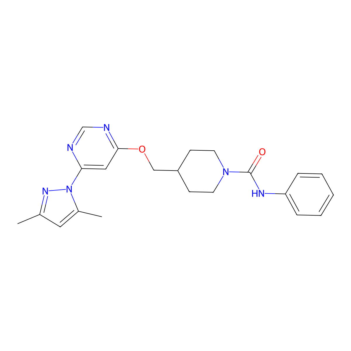 4-({[6-(3,5-dimethyl-1H-pyrazol-1-yl)pyrimidin-4-yl]oxy}methyl)-N-phenylpiperidine-1-carboxamide molecular structure, CAS 2380187-88-0