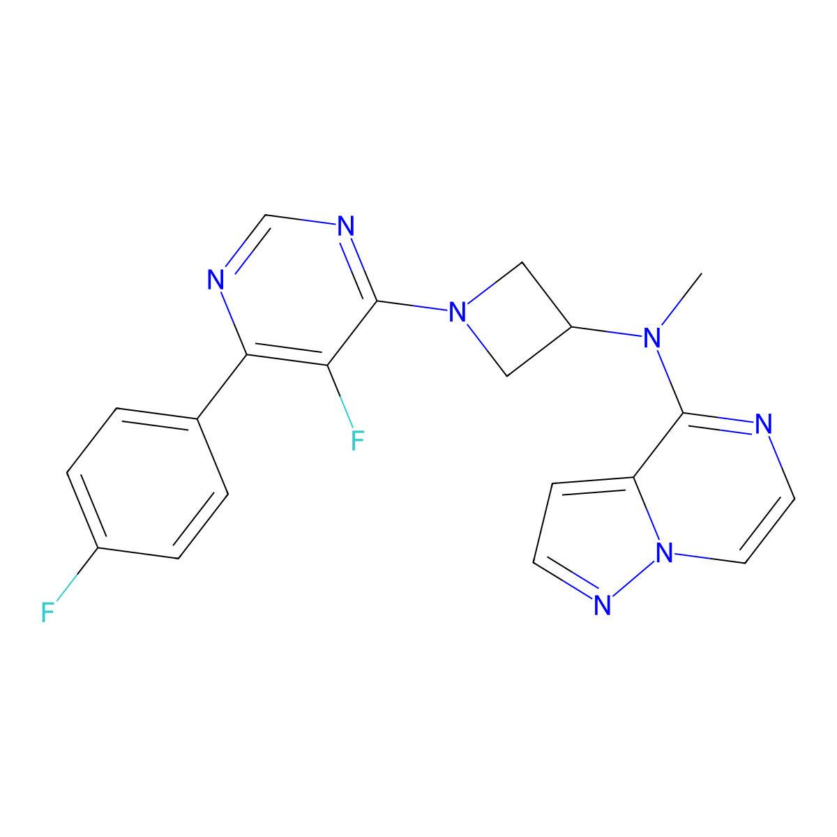 1-[5-fluoro-6-(4-fluorophenyl)pyrimidin-4-yl]-N-methyl-N-{pyrazolo[1,5-a]pyrazin-4-yl}azetidin-3-amine molecular structure, CAS 2380188-06-5