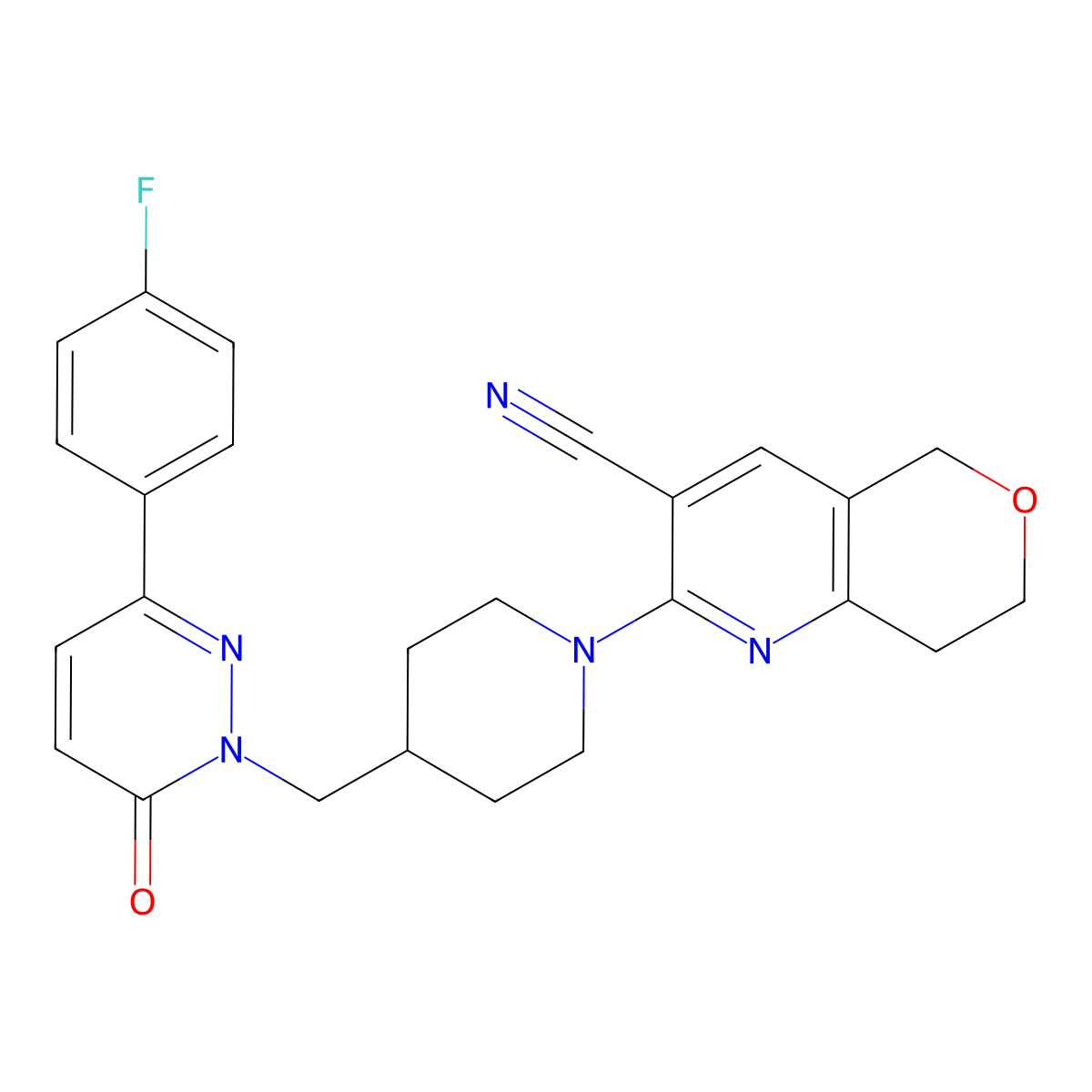 2-(4-{[3-(4-fluorophenyl)-6-oxo-1,6-dihydropyridazin-1-yl]methyl}piperidin-1-yl)-5H,7H,8H-pyrano[4,3-b]pyridine-3-carbonitrile molecular structure, CAS 2380188-16-7