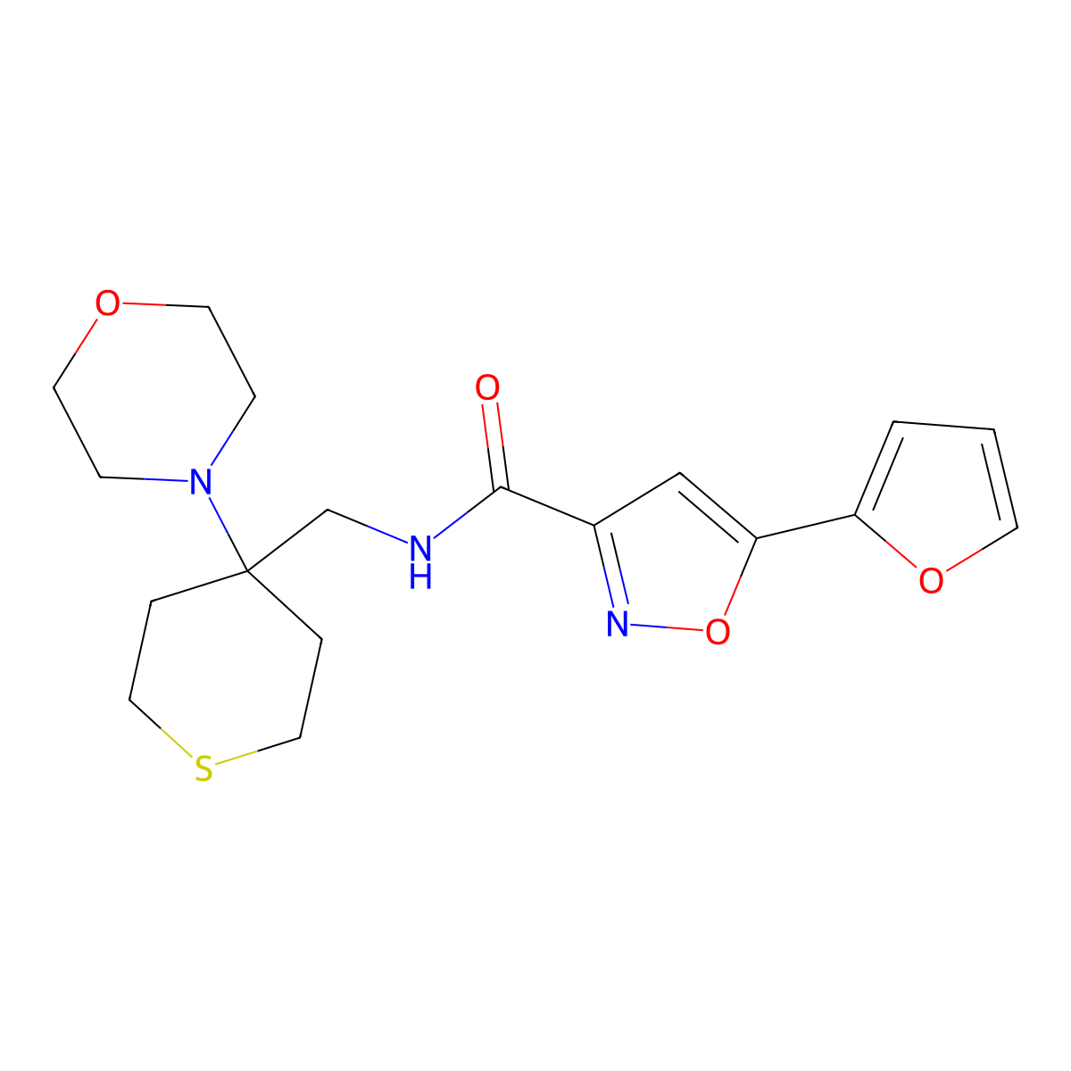5-(furan-2-yl)-N-{[4-(morpholin-4-yl)thian-4-yl]methyl}-1,2-oxazole-3-carboxamide molecular structure, CAS 2380188-23-6