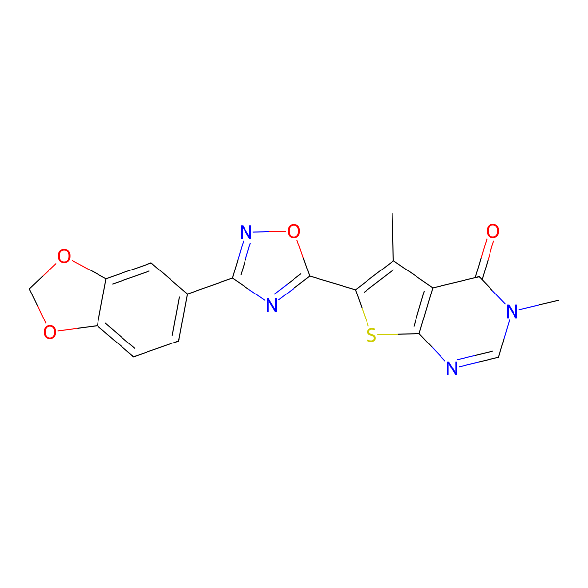 6-[3-(2H-1,3-benzodioxol-5-yl)-1,2,4-oxadiazol-5-yl]-3,5-dimethyl-3H,4H-thieno[2,3-d]pyrimidin-4-one molecular structure, CAS 2380188-51-0