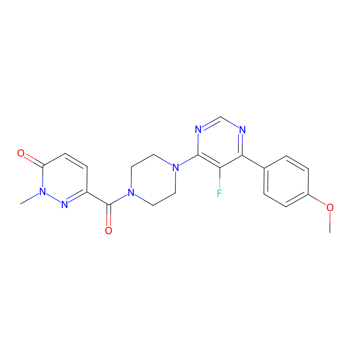 6-{4-[5-Fluoro-6-(4-methoxyphenyl)pyrimidin-4-yl]piperazine-1-carbonyl}-2-methyl-2,3-dihydropyridazin-3-one molecular structure, CAS 2380188-62-3