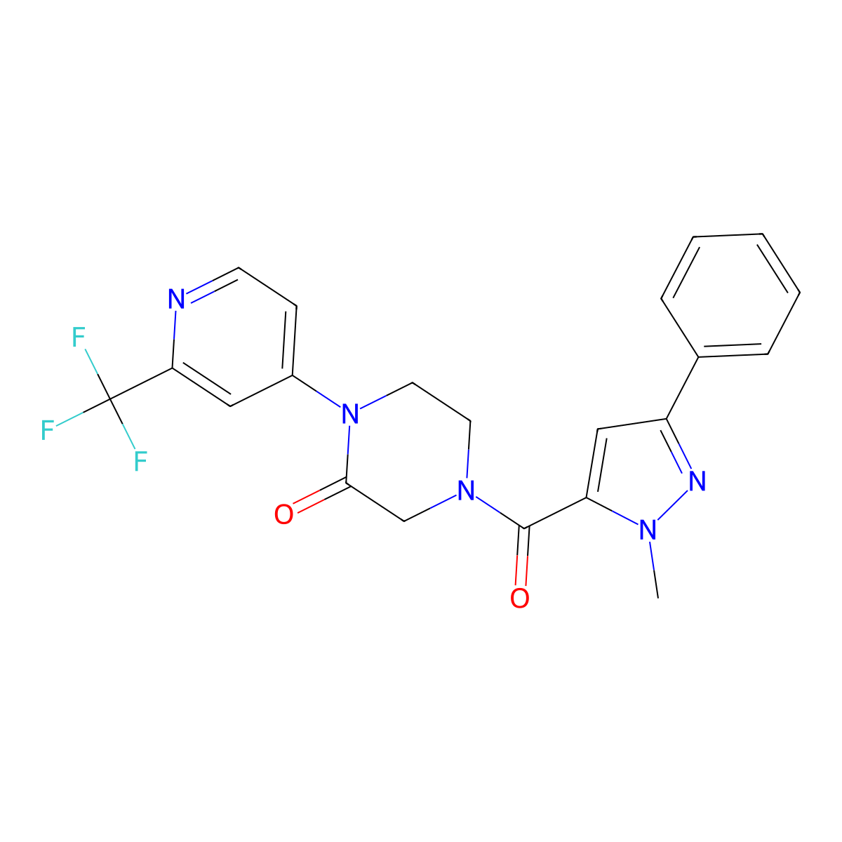4-(1-methyl-3-phenyl-1H-pyrazole-5-carbonyl)-1-[2-(trifluoromethyl)pyridin-4-yl]piperazin-2-one molecular structure, CAS 2380188-73-6
