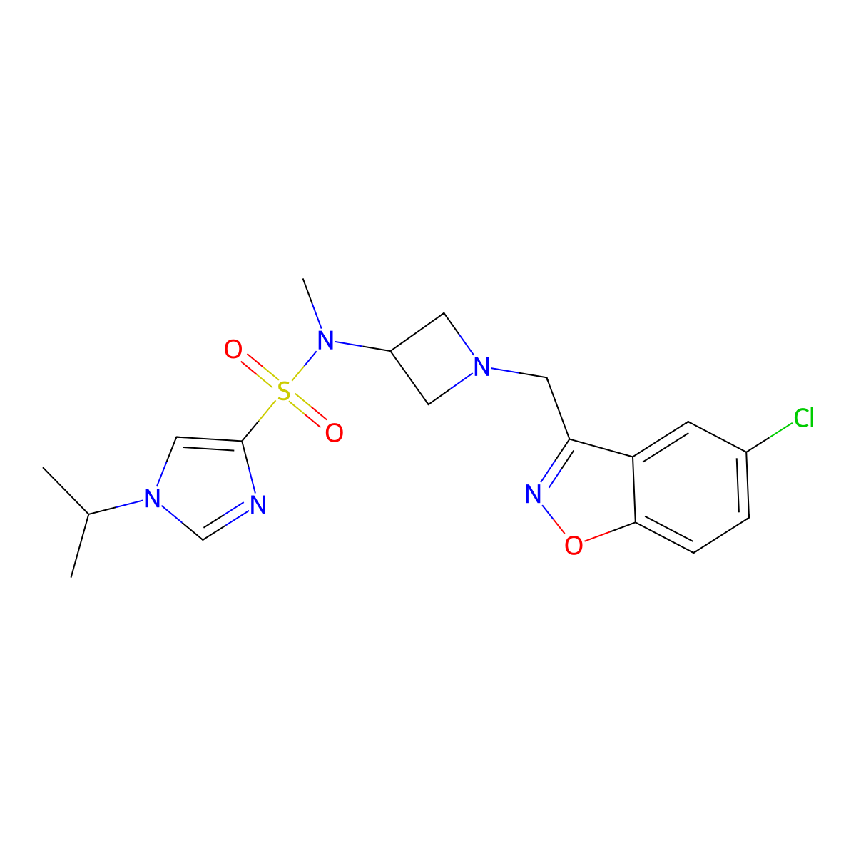 N-{1-[(5-chloro-1,2-benzoxazol-3-yl)methyl]azetidin-3-yl}-N-methyl-1-(propan-2-yl)-1H-imidazole-4-sulfonamide molecular structure, CAS 2380189-22-8