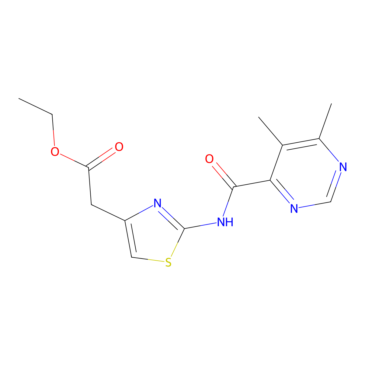 Ethyl 2-[2-(5,6-dimethylpyrimidine-4-amido)-1,3-thiazol-4-yl]acetate molecular structure, CAS 2380189-39-7