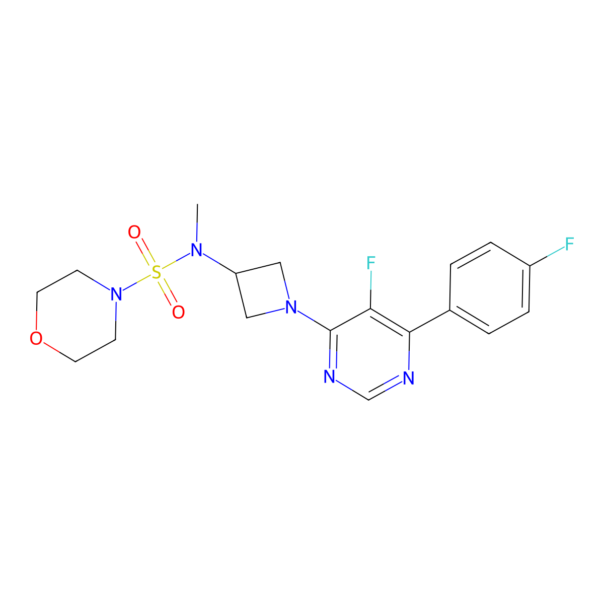 N-{1-[5-fluoro-6-(4-fluorophenyl)pyrimidin-4-yl]azetidin-3-yl}-N-methylmorpholine-4-sulfonamide molecular structure, CAS 2380189-43-3