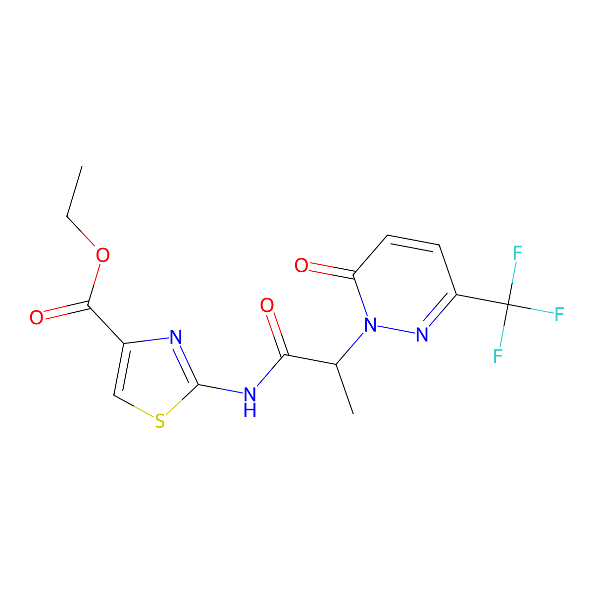 Ethyl 2-{2-[6-oxo-3-(trifluoromethyl)-1,6-dihydropyridazin-1-yl]propanamido}-1,3-thiazole-4-carboxylate molecular structure, CAS 2380189-47-7
