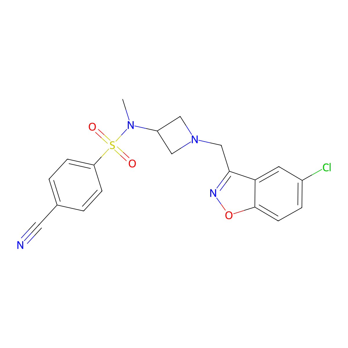 N-{1-[(5-chloro-1,2-benzoxazol-3-yl)methyl]azetidin-3-yl}-4-cyano-N-methylbenzene-1-sulfonamide molecular structure, CAS 2380189-59-1
