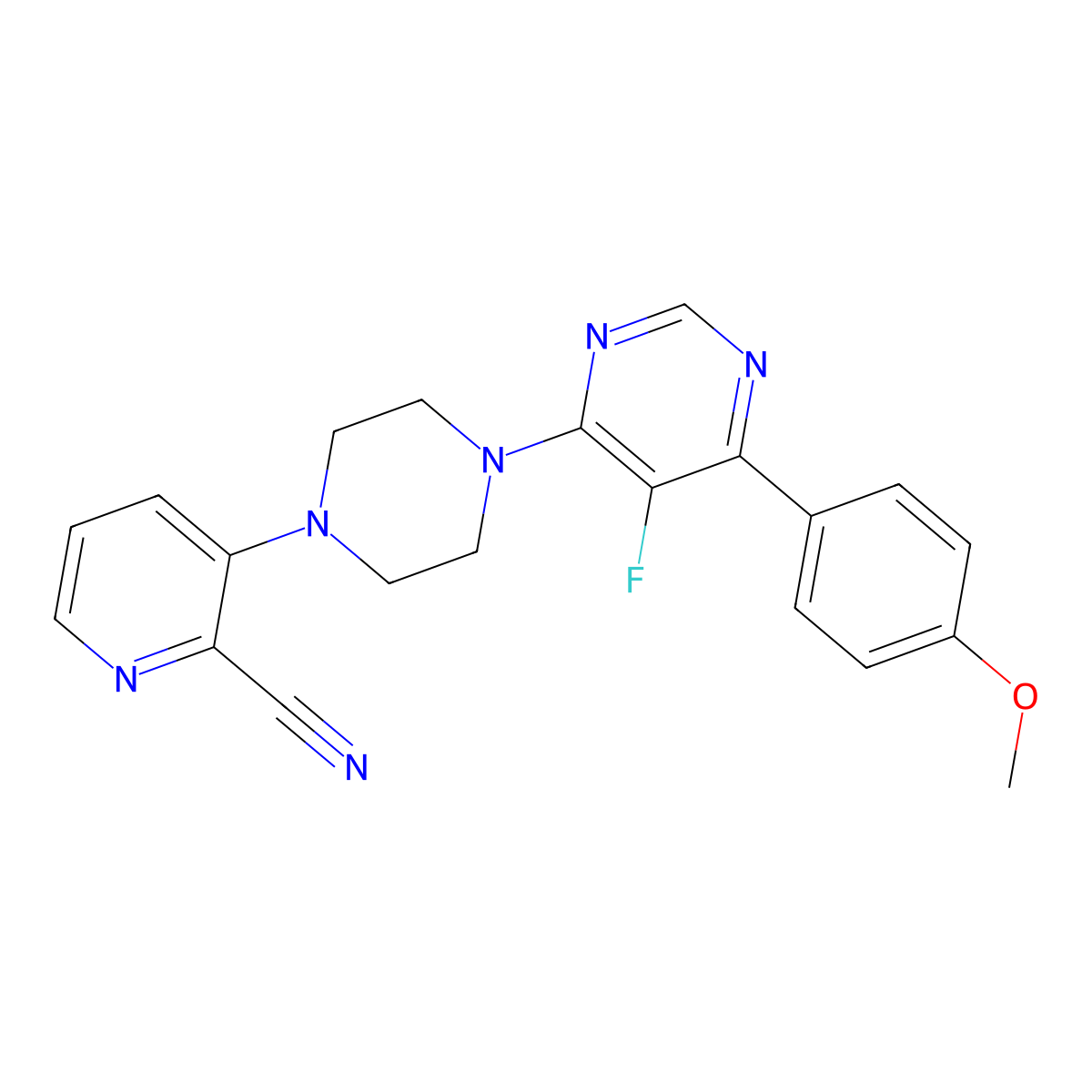 3-{4-[5-Fluoro-6-(4-methoxyphenyl)pyrimidin-4-yl]piperazin-1-yl}pyridine-2-carbonitrile molecular structure, CAS 2380189-63-7