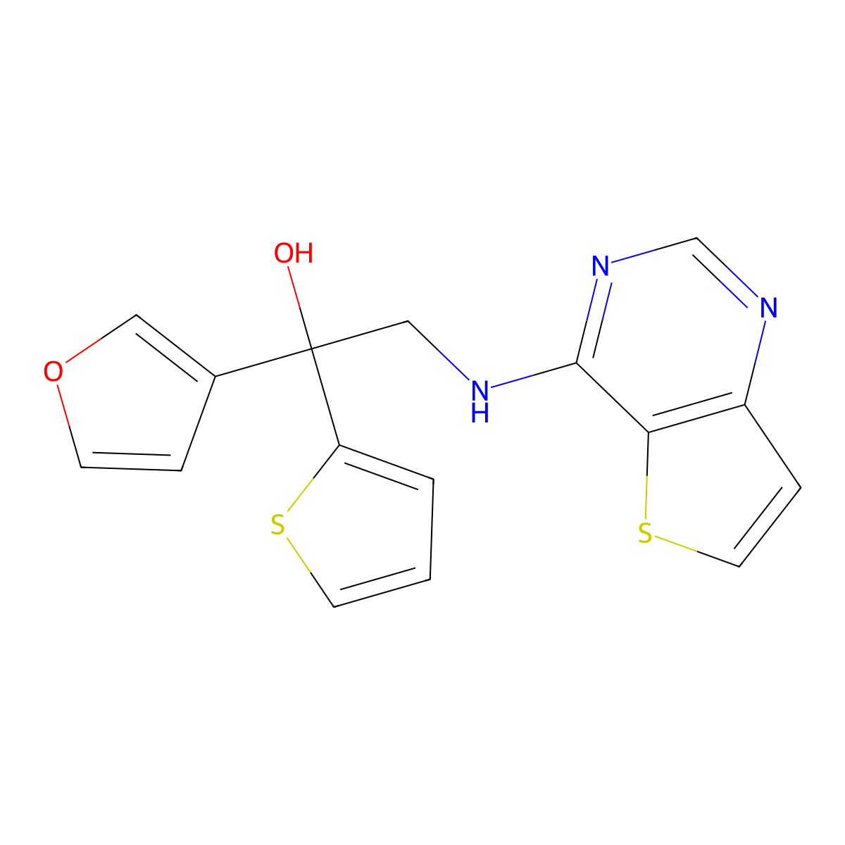 1-(Furan-3-yl)-2-({thieno[3,2-d]pyrimidin-4-yl}amino)-1-(thiophen-2-yl)ethan-1-ol molecular structure, CAS 2380189-68-2
