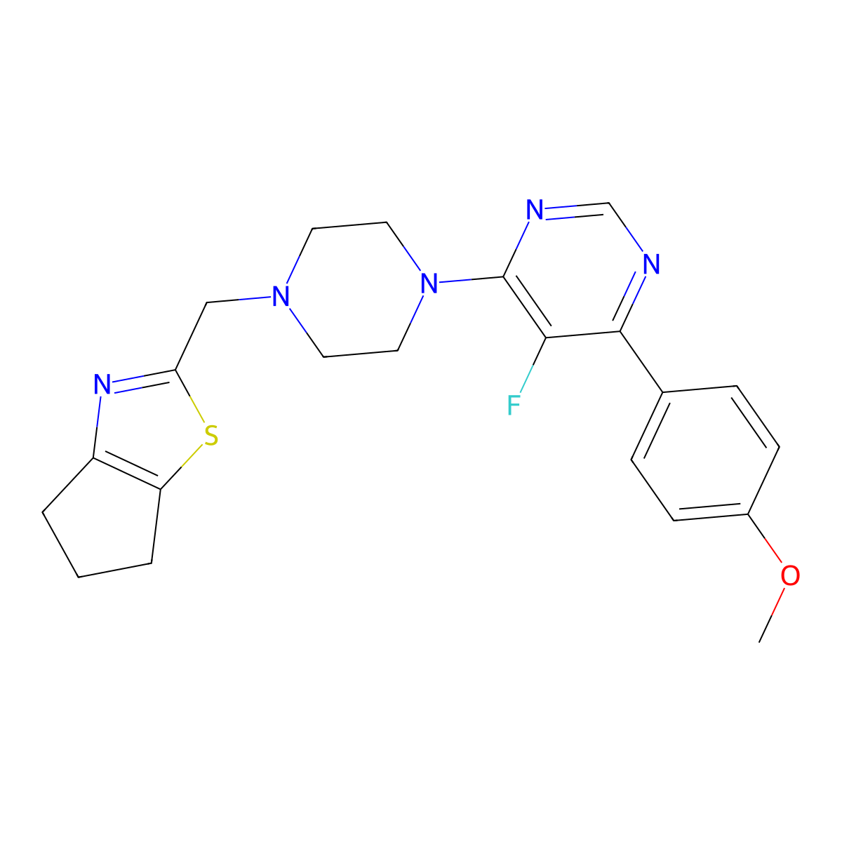 4-[4-({4H,5H,6H-cyclopenta[d][1,3]thiazol-2-yl}methyl)piperazin-1-yl]-5-fluoro-6-(4-methoxyphenyl)pyrimidine molecular structure, CAS 2380189-71-7