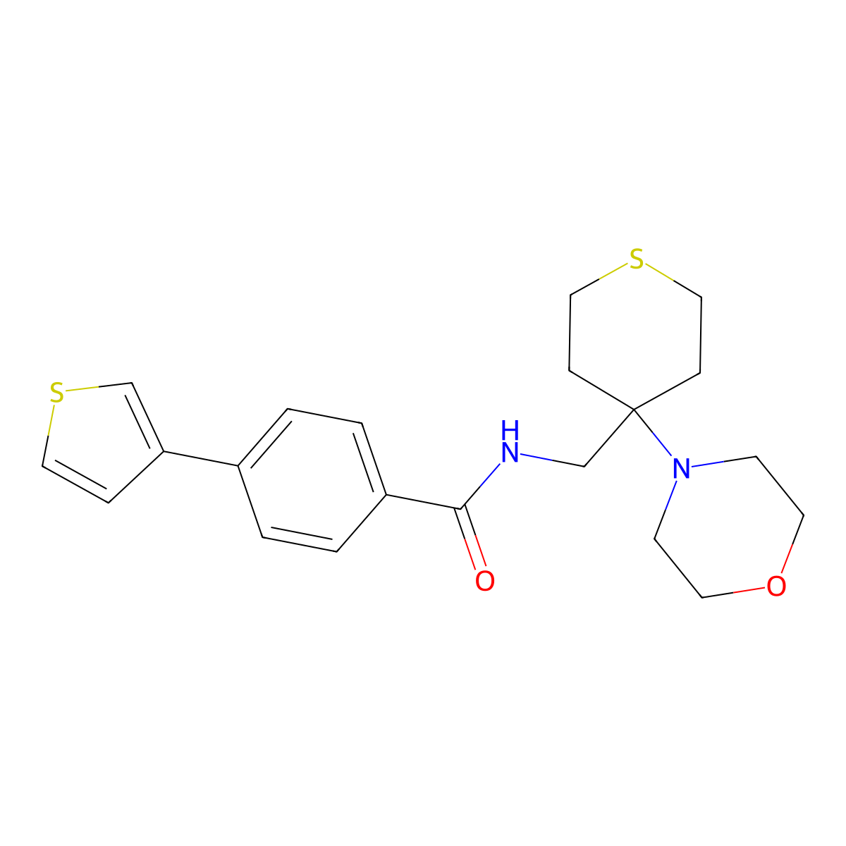N-{[4-(morpholin-4-yl)thian-4-yl]methyl}-4-(thiophen-3-yl)benzamide molecular structure, CAS 2380189-97-7