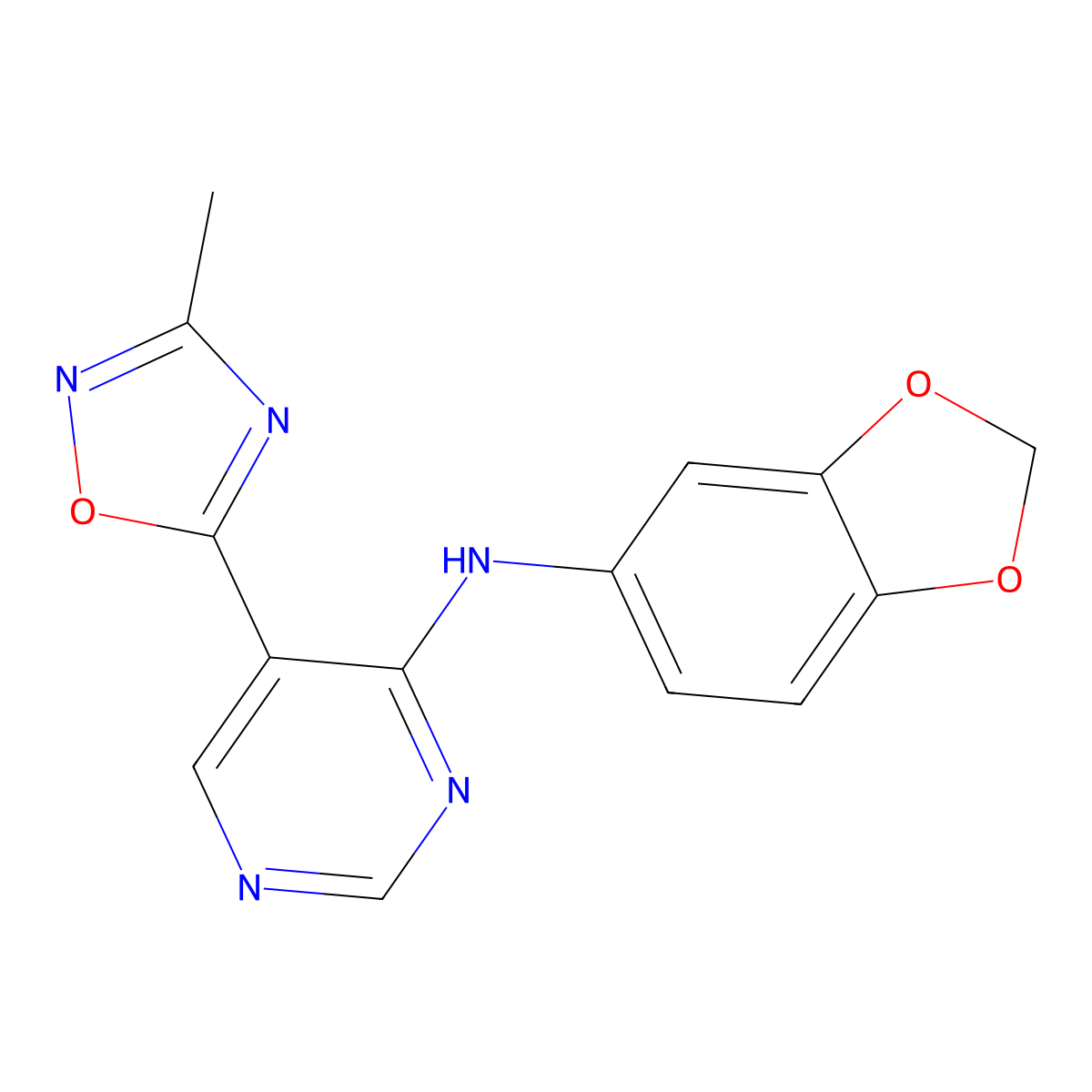 N-(1,3-Benzodioxol-5-yl)-5-(3-methyl-1,2,4-oxadiazol-5-yl)pyrimidin-4-amine molecular structure, CAS 2380190-00-9