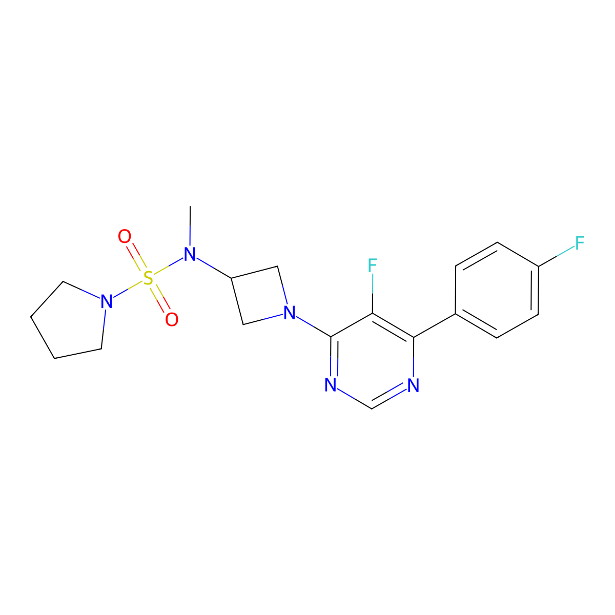 N-{1-[5-fluoro-6-(4-fluorophenyl)pyrimidin-4-yl]azetidin-3-yl}-N-methylpyrrolidine-1-sulfonamide molecular structure, CAS 2380190-11-2