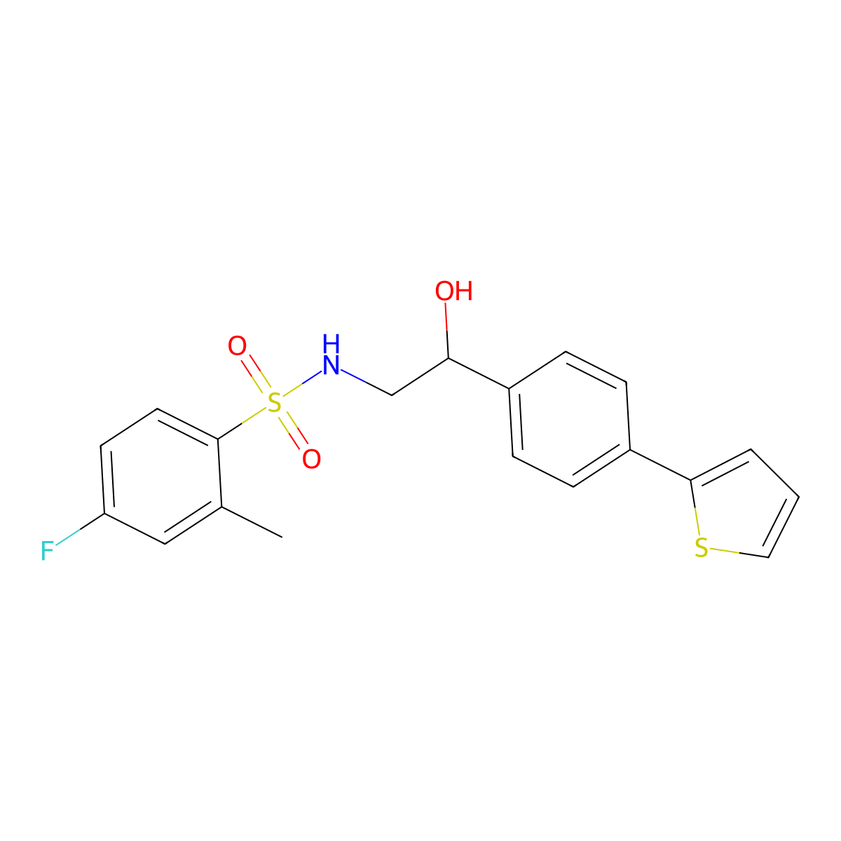 4-fluoro-N-{2-hydroxy-2-[4-(thiophen-2-yl)phenyl]ethyl}-2-methylbenzene-1-sulfonamide molecular structure, CAS 2380190-20-3