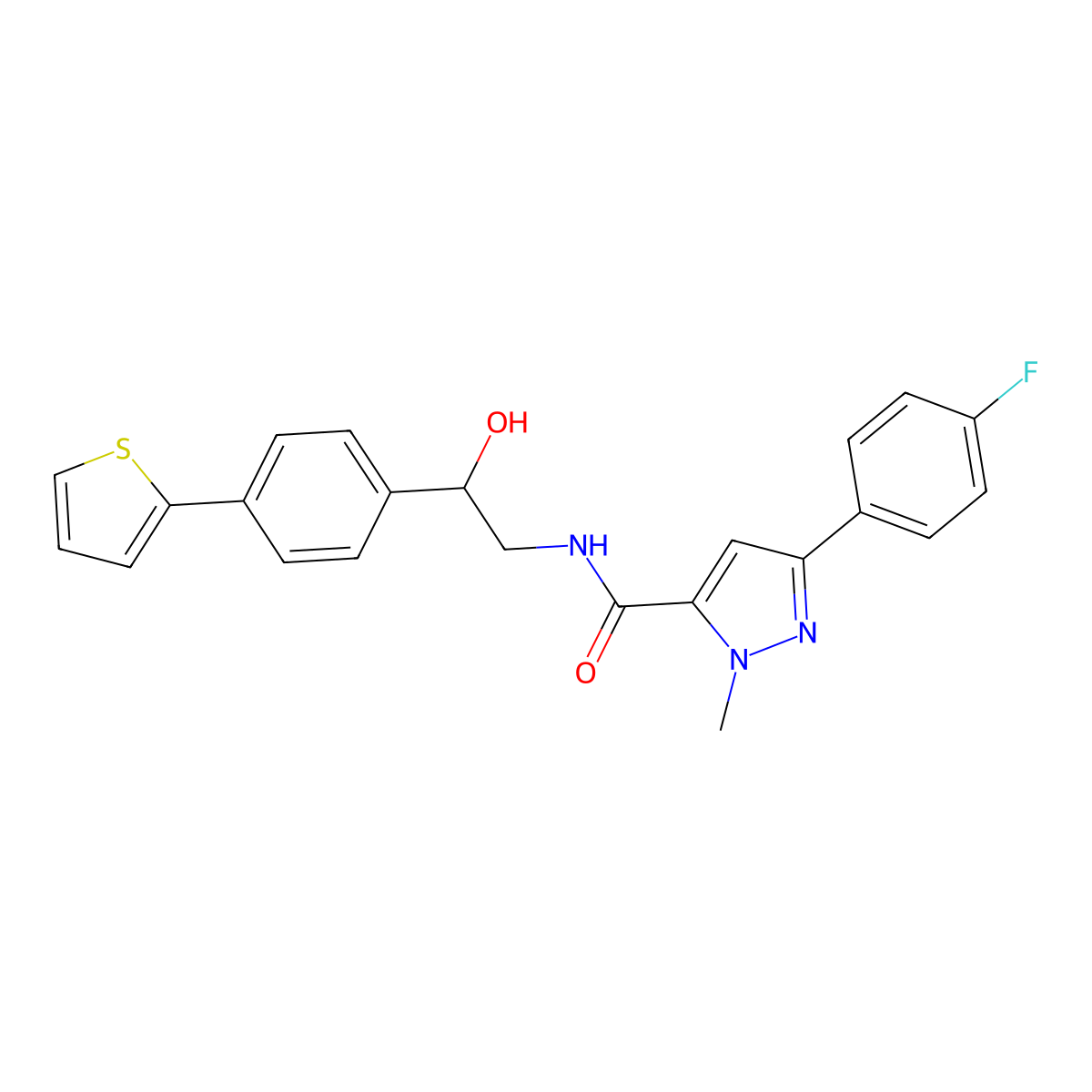 3-(4-fluorophenyl)-N-{2-hydroxy-2-[4-(thiophen-2-yl)phenyl]ethyl}-1-methyl-1H-pyrazole-5-carboxamide molecular structure, CAS 2380190-39-4