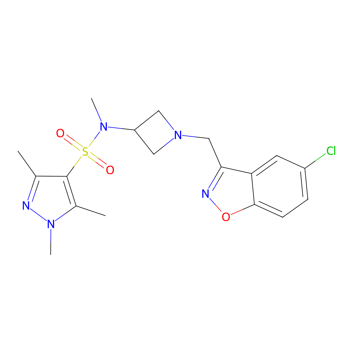 N-{1-[(5-chloro-1,2-benzoxazol-3-yl)methyl]azetidin-3-yl}-N,1,3,5-tetramethyl-1H-pyrazole-4-sulfonamide molecular structure, CAS 2380190-41-8