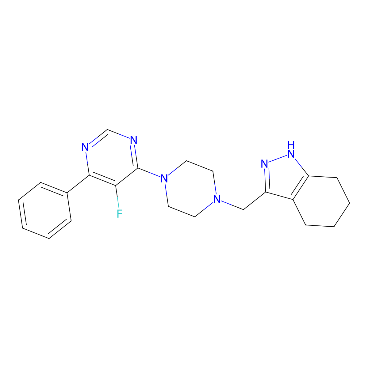 3-{[4-(5-fluoro-6-phenylpyrimidin-4-yl)piperazin-1-yl]methyl}-4,5,6,7-tetrahydro-1H-indazole molecular structure, CAS 2380190-46-3