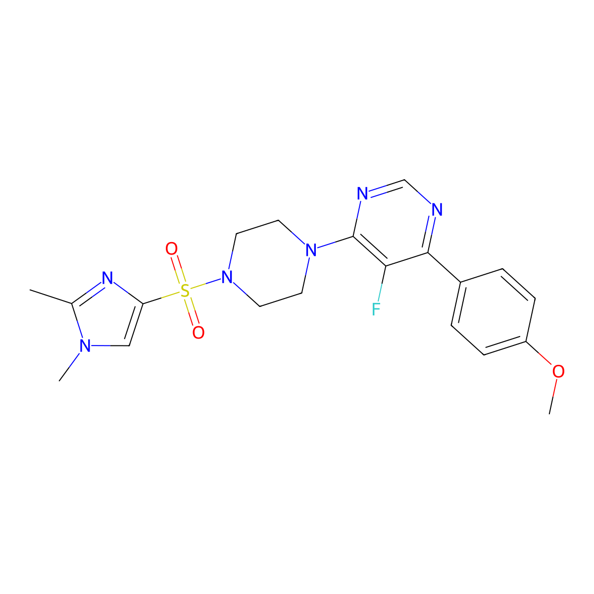 4-{4-[(1,2-dimethyl-1H-imidazol-4-yl)sulfonyl]piperazin-1-yl}-5-fluoro-6-(4-methoxyphenyl)pyrimidine molecular structure, CAS 2380190-47-4