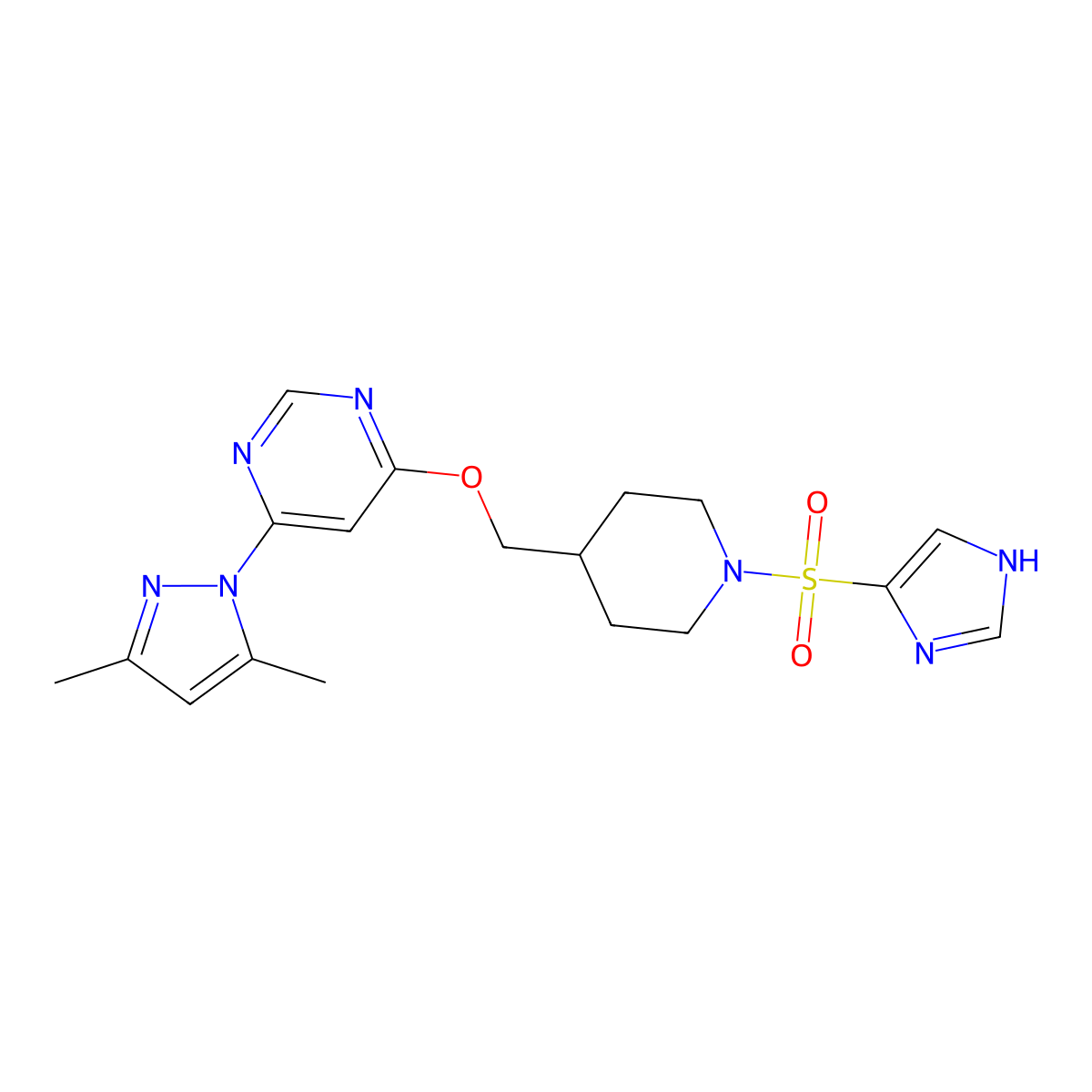 4-(3,5-dimethyl-1H-pyrazol-1-yl)-6-{[1-(1H-imidazole-4-sulfonyl)piperidin-4-yl]methoxy}pyrimidine molecular structure, CAS 2380190-52-1