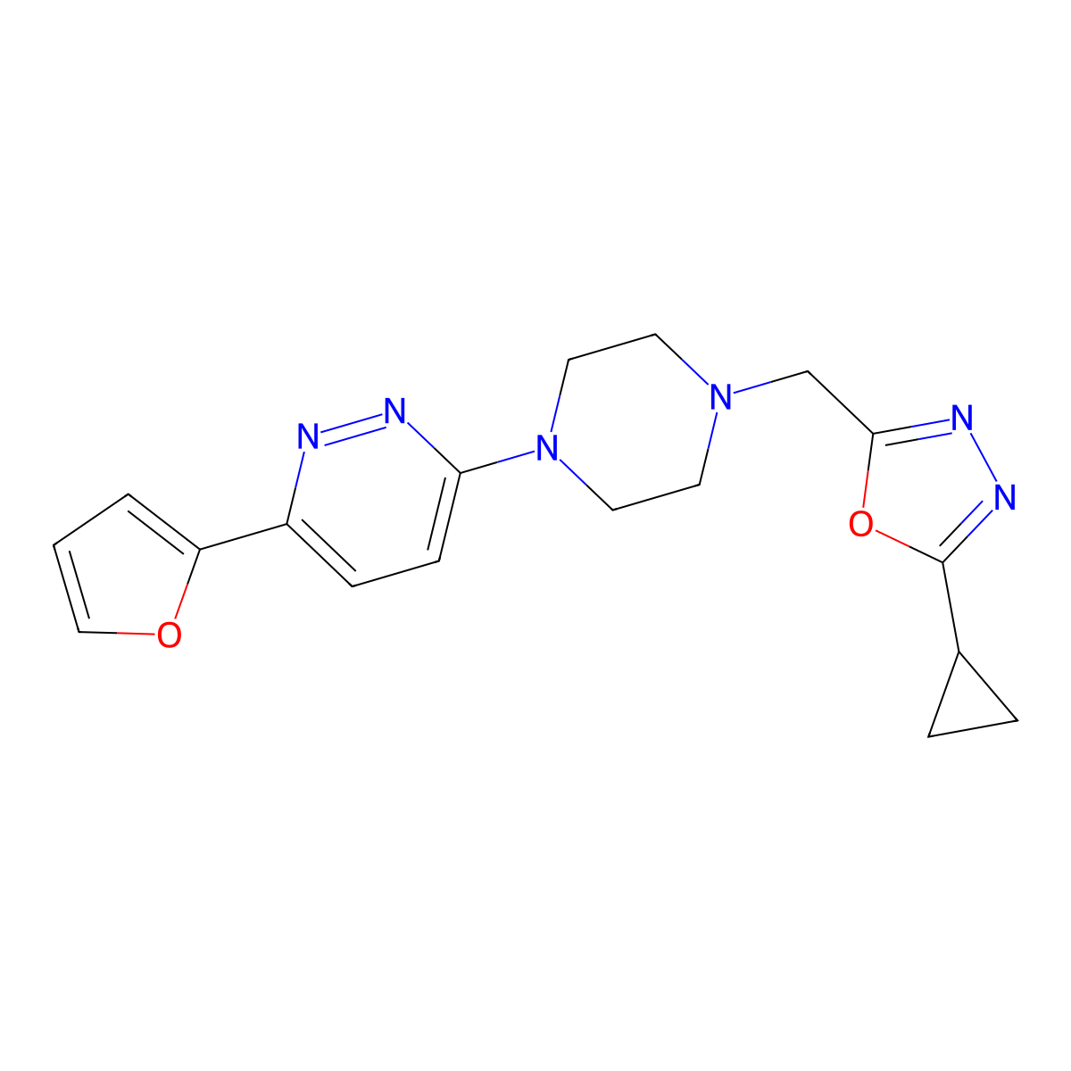 3-{4-[(5-Cyclopropyl-1,3,4-oxadiazol-2-yl)methyl]piperazin-1-yl}-6-(furan-2-yl)pyridazine molecular structure, CAS 2380190-53-2
