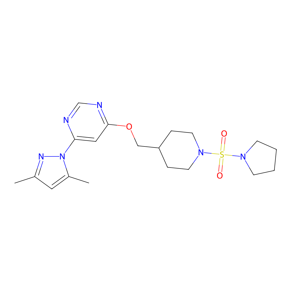 4-(3,5-dimethyl-1H-pyrazol-1-yl)-6-{[1-(pyrrolidine-1-sulfonyl)piperidin-4-yl]methoxy}pyrimidine molecular structure, CAS 2380190-55-4