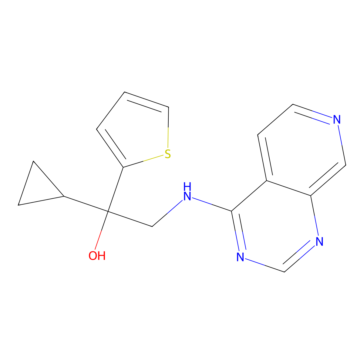 1-Cyclopropyl-2-({pyrido[3,4-d]pyrimidin-4-yl}amino)-1-(thiophen-2-yl)ethan-1-ol molecular structure, CAS 2380190-59-8