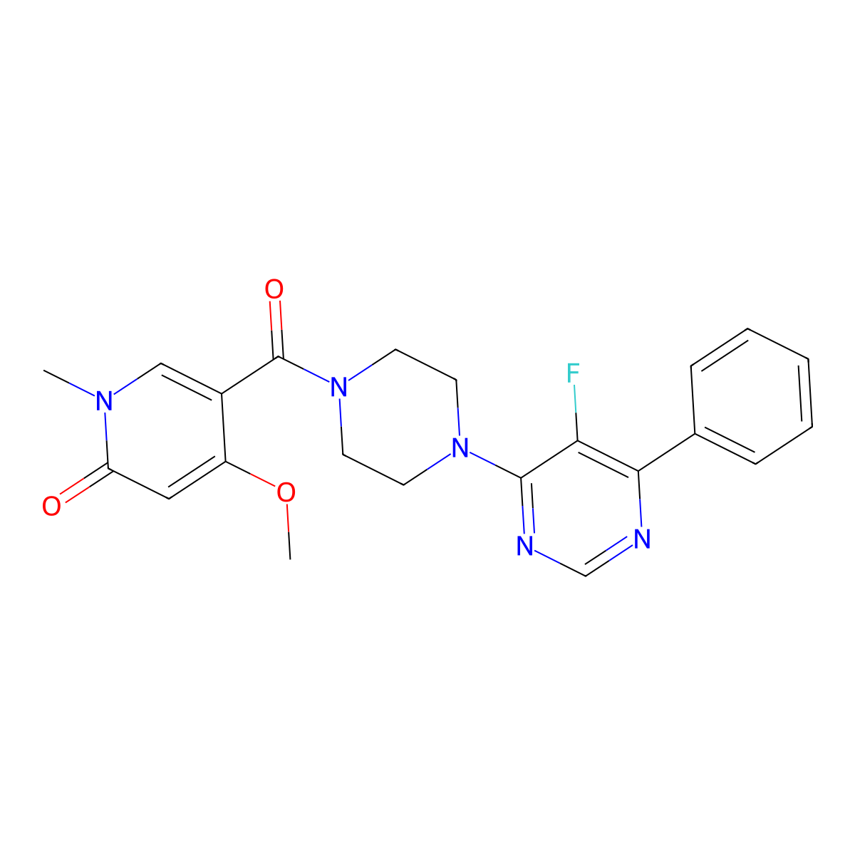 5-[4-(5-Fluoro-6-phenylpyrimidin-4-yl)piperazine-1-carbonyl]-4-methoxy-1-methyl-1,2-dihydropyridin-2-one molecular structure, CAS 2380190-60-1