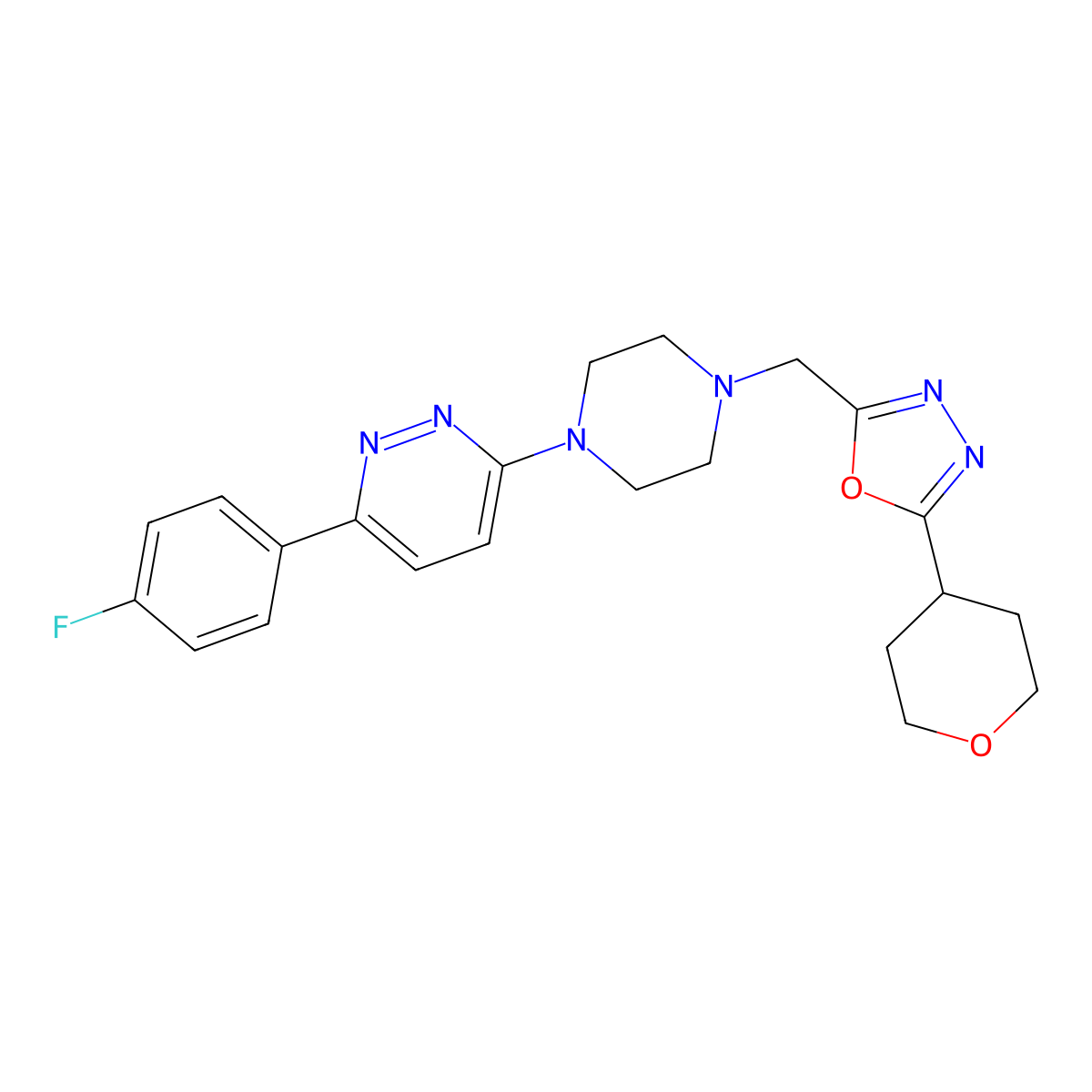 3-(4-Fluorophenyl)-6-(4-{[5-(oxan-4-yl)-1,3,4-oxadiazol-2-yl]methyl}piperazin-1-yl)pyridazine molecular structure, CAS 2380190-62-3