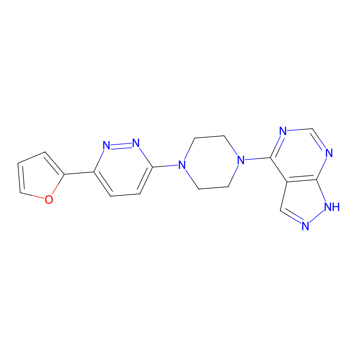 3-(furan-2-yl)-6-(4-{1H-pyrazolo[3,4-d]pyrimidin-4-yl}piperazin-1-yl)pyridazine molecular structure, CAS 2380190-85-0