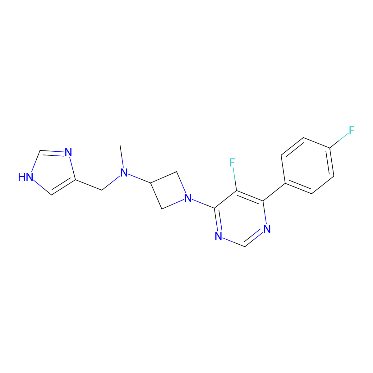 1-[5-fluoro-6-(4-fluorophenyl)pyrimidin-4-yl]-N-[(1H-imidazol-4-yl)methyl]-N-methylazetidin-3-amine molecular structure, CAS 2380190-92-9