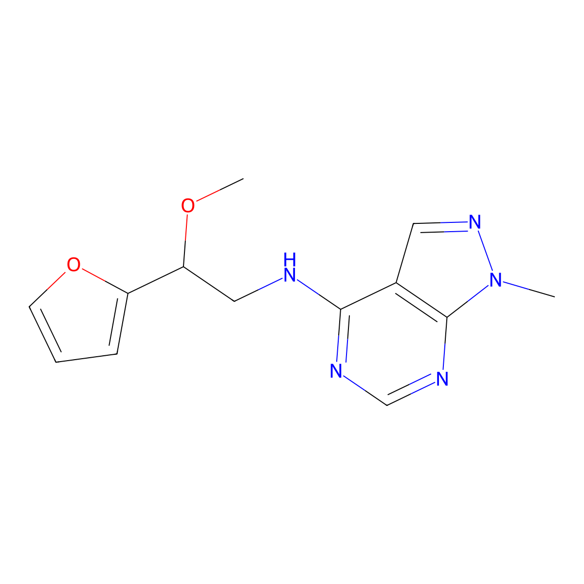 N-[2-(furan-2-yl)-2-methoxyethyl]-1-methyl-1H-pyrazolo[3,4-d]pyrimidin-4-amine molecular structure, CAS 2380190-96-3