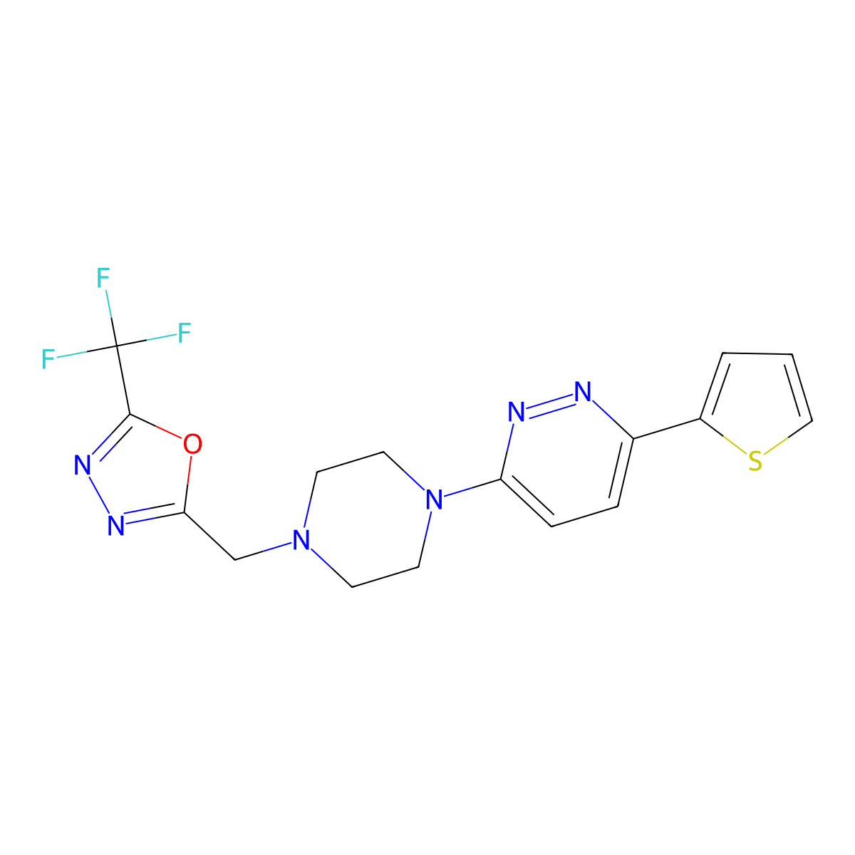3-(Thiophen-2-yl)-6-(4-{[5-(trifluoromethyl)-1,3,4-oxadiazol-2-yl]methyl}piperazin-1-yl)pyridazine molecular structure, CAS 2380191-39-7