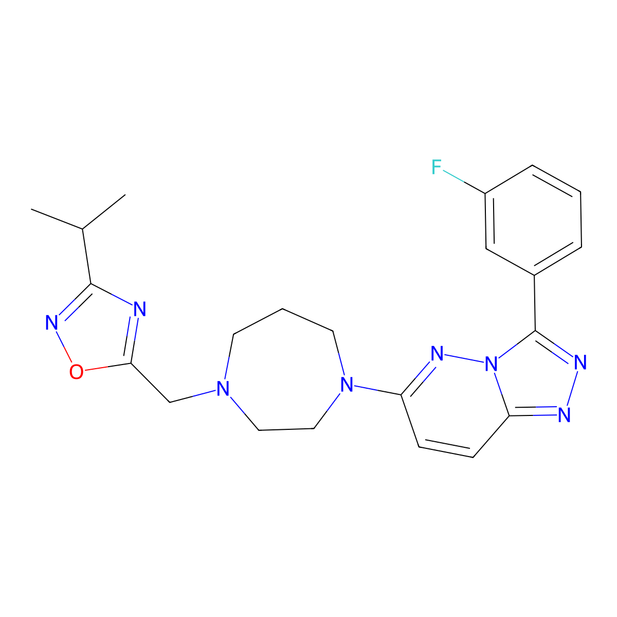 1-[3-(3-Fluorophenyl)-[1,2,4]triazolo[4,3-b]pyridazin-6-yl]-4-{[3-(propan-2-yl)-1,2,4-oxadiazol-5-yl]methyl}-1,4-diazepane molecular structure, CAS 2380191-43-3