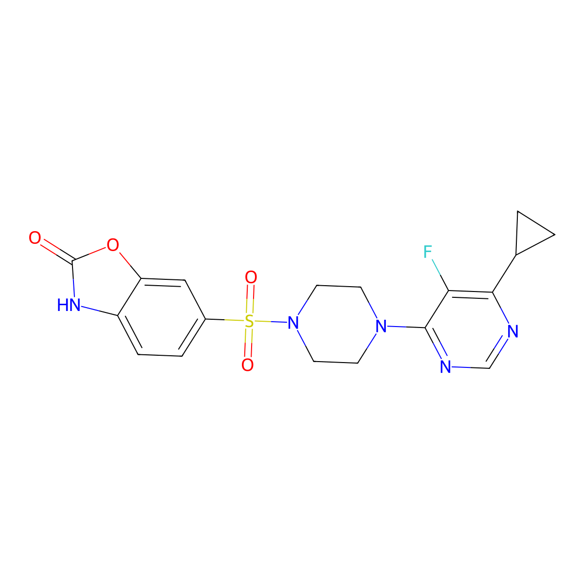 6-{[4-(6-Cyclopropyl-5-fluoropyrimidin-4-yl)piperazin-1-yl]sulfonyl}-2,3-dihydro-1,3-benzoxazol-2-one molecular structure, CAS 2380191-48-8