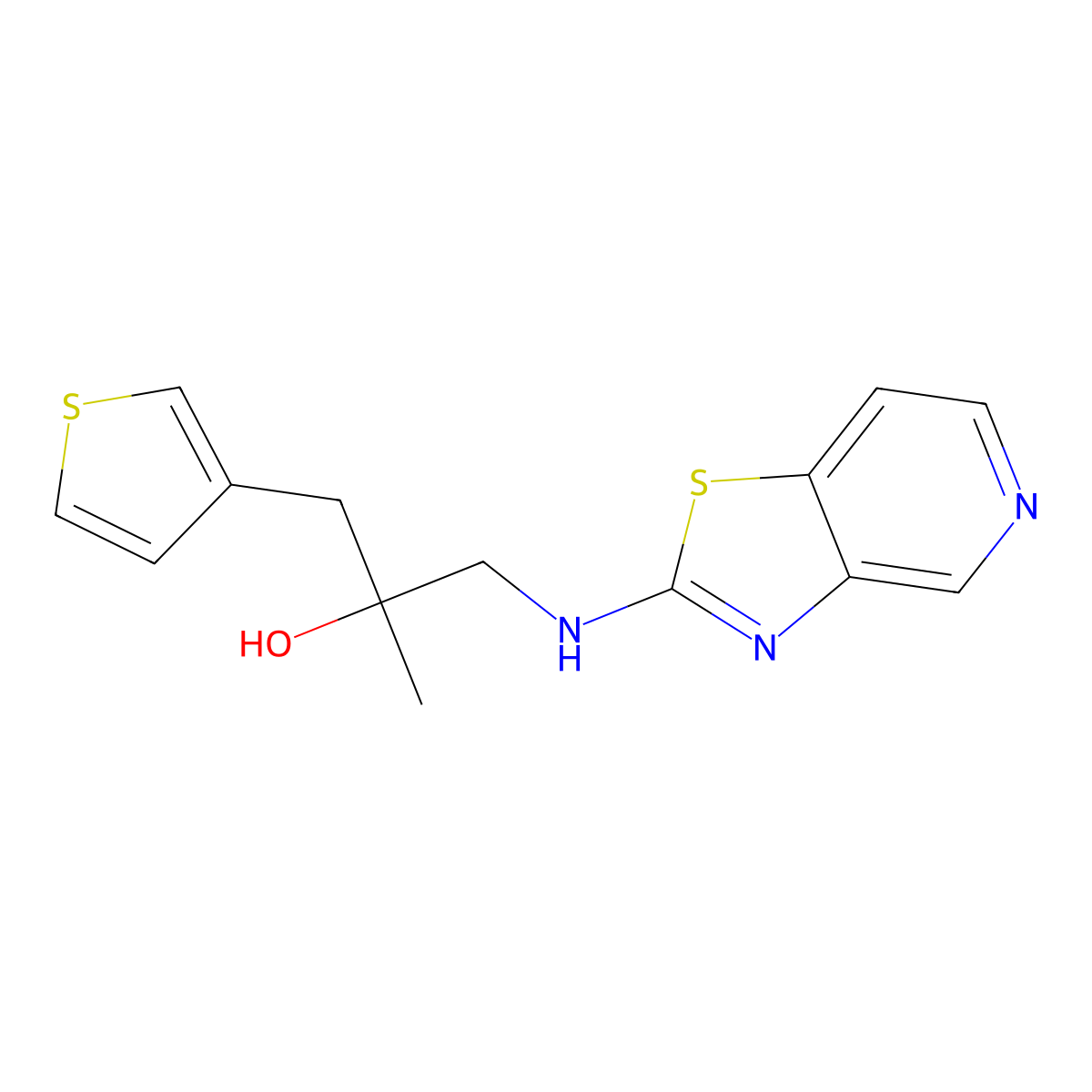2-Methyl-1-({[1,3]thiazolo[4,5-c]pyridin-2-yl}amino)-3-(thiophen-3-yl)propan-2-ol molecular structure, CAS 2380191-54-6