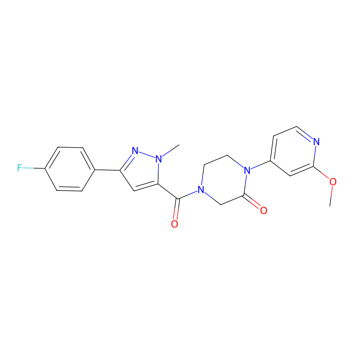 4-[3-(4-fluorophenyl)-1-methyl-1H-pyrazole-5-carbonyl]-1-(2-methoxypyridin-4-yl)piperazin-2-one molecular structure, CAS 2380191-56-8