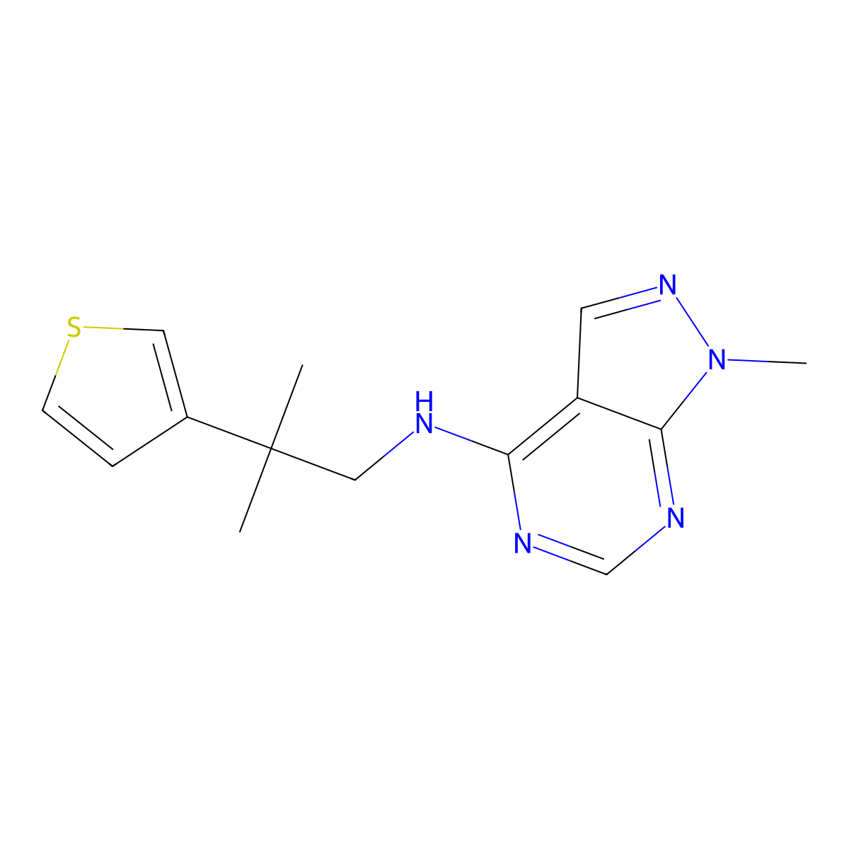 1-methyl-N-[2-methyl-2-(thiophen-3-yl)propyl]-1H-pyrazolo[3,4-d]pyrimidin-4-amine molecular structure, CAS 2380191-57-9