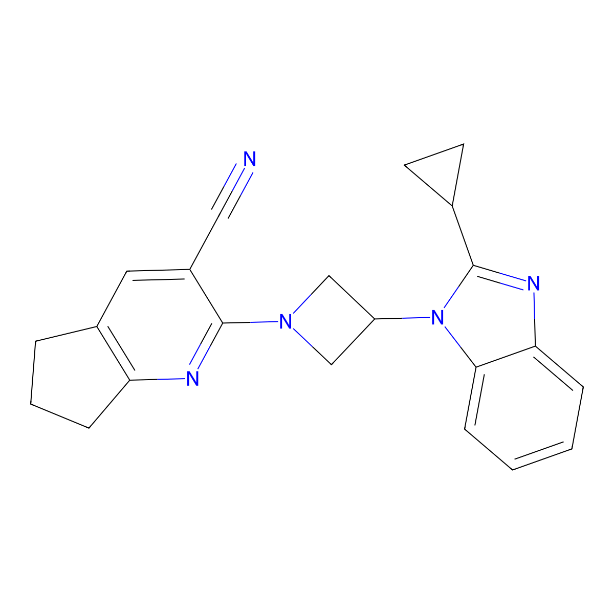 2-[3-(2-cyclopropyl-1H-1,3-benzodiazol-1-yl)azetidin-1-yl]-5H,6H,7H-cyclopenta[b]pyridine-3-carbonitrile molecular structure, CAS 2380191-67-1