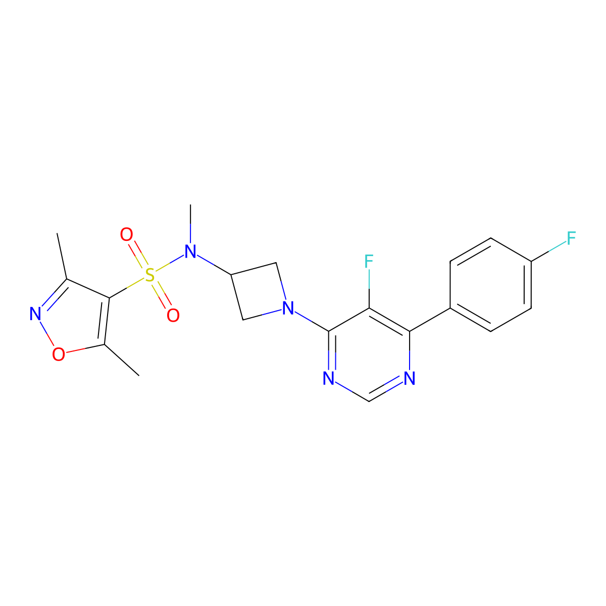 N-{1-[5-fluoro-6-(4-fluorophenyl)pyrimidin-4-yl]azetidin-3-yl}-N,3,5-trimethyl-1,2-oxazole-4-sulfonamide molecular structure, CAS 2380191-79-5