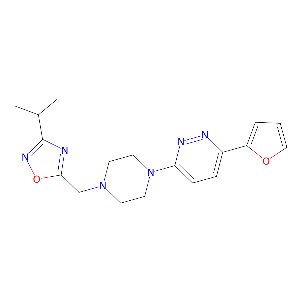 3-(Furan-2-yl)-6-(4-{[3-(propan-2-yl)-1,2,4-oxadiazol-5-yl]methyl}piperazin-1-yl)pyridazine molecular structure, CAS 2380191-81-9